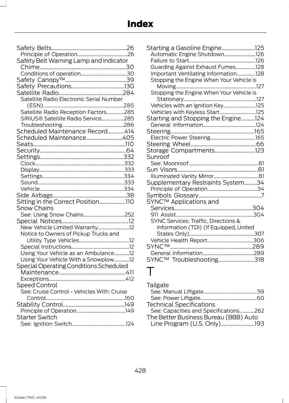Index | FORD 2014 Escape v.4 User Manual | Page 431 / 434