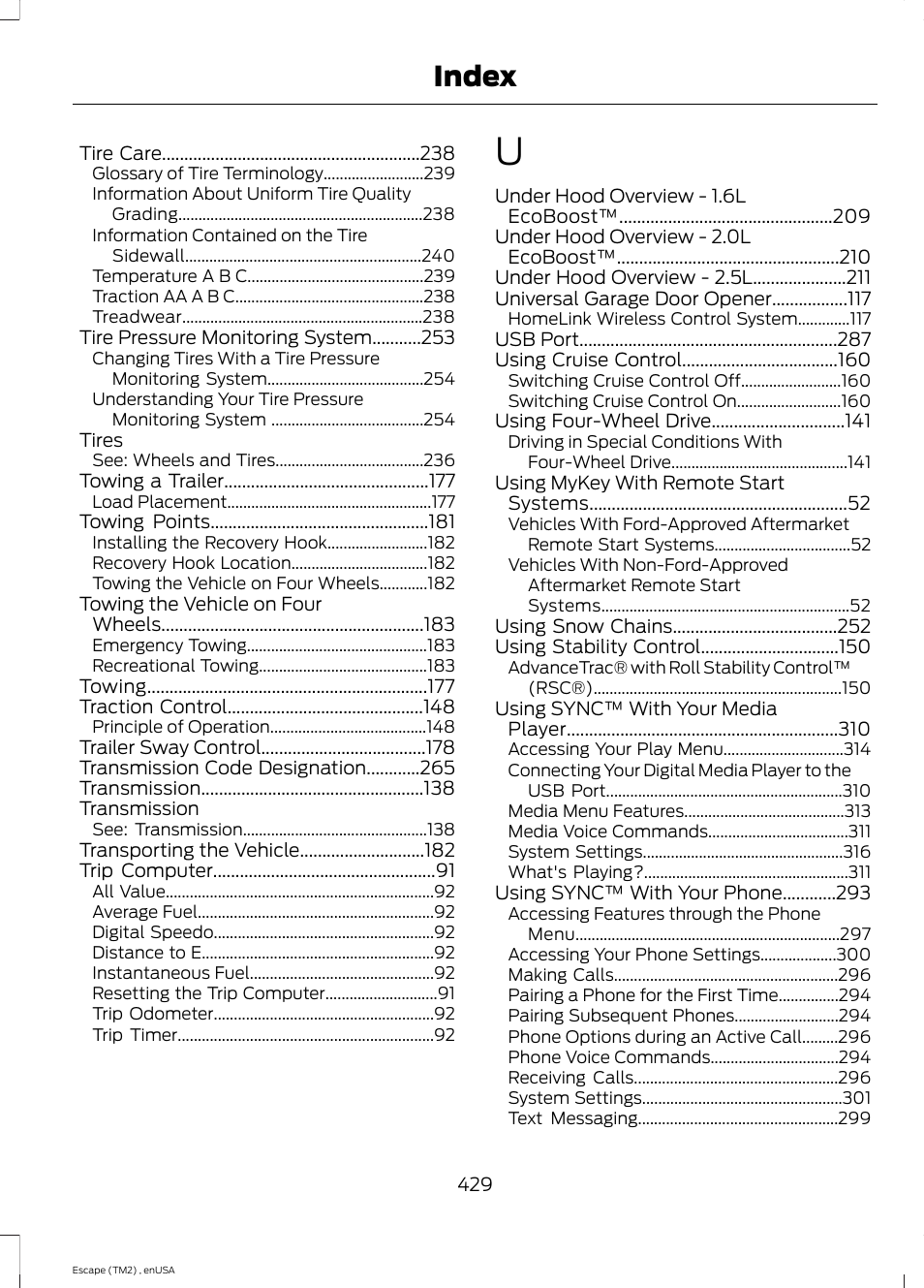 Index | FORD 2014 Escape v.4 User Manual | Page 432 / 434