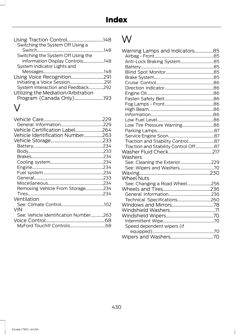 Index | FORD 2014 Escape v.4 User Manual | Page 433 / 434