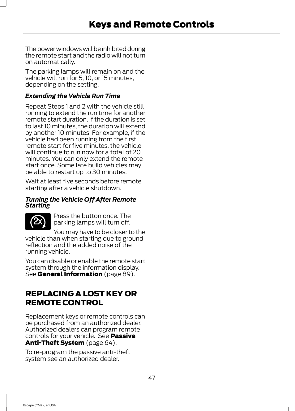 Replacing a lost key or remote control, Replacing a lost key or remote, Control | Keys and remote controls | FORD 2014 Escape v.4 User Manual | Page 50 / 434