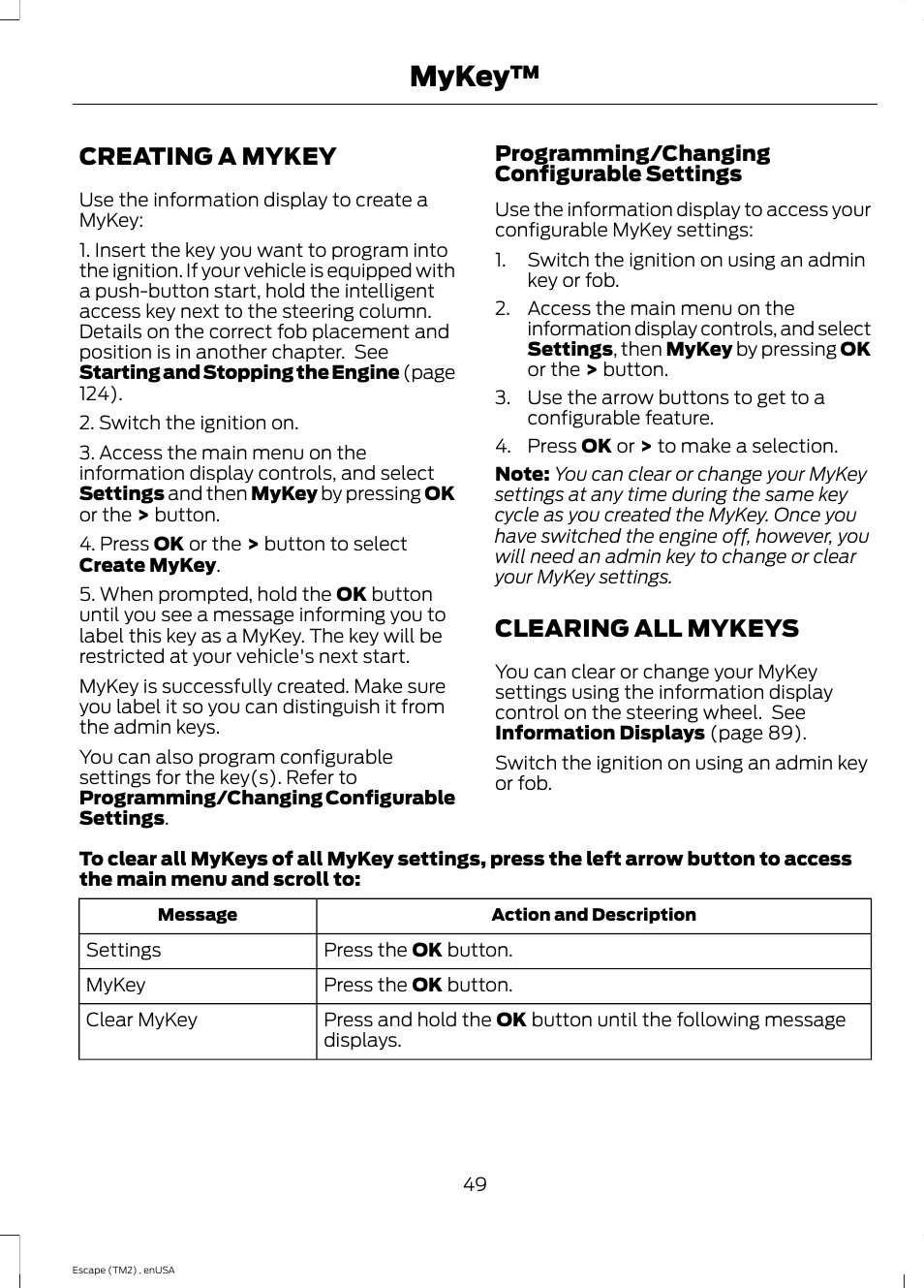 Creating a mykey, Clearing all mykeys, Creating a mykey clearing all mykeys | Mykey | FORD 2014 Escape v.4 User Manual | Page 52 / 434