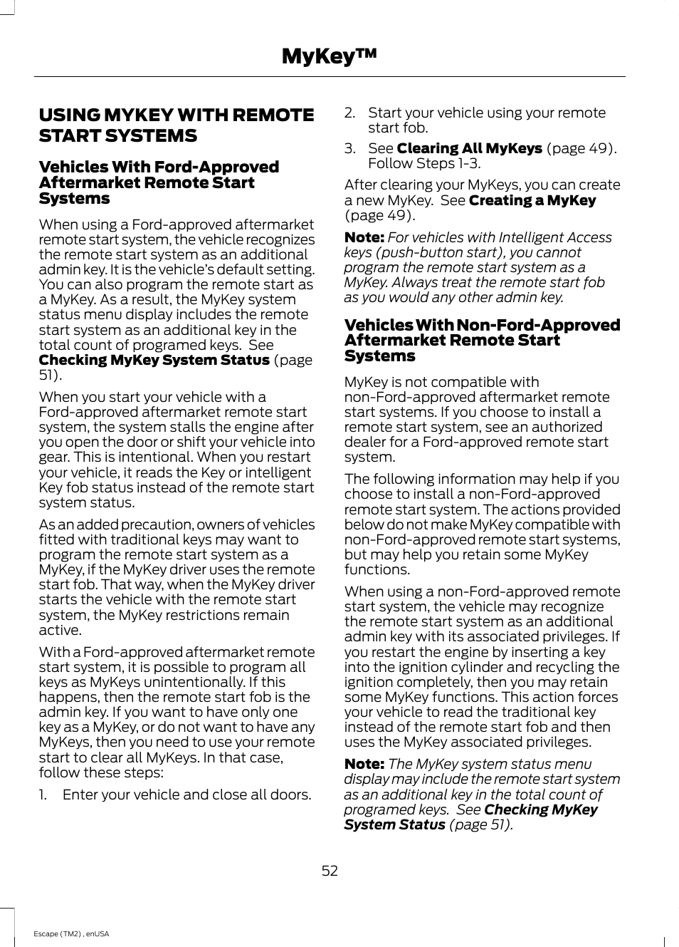 Using mykey with remote start systems, Using mykey with remote start, Systems | Mykey | FORD 2014 Escape v.4 User Manual | Page 55 / 434