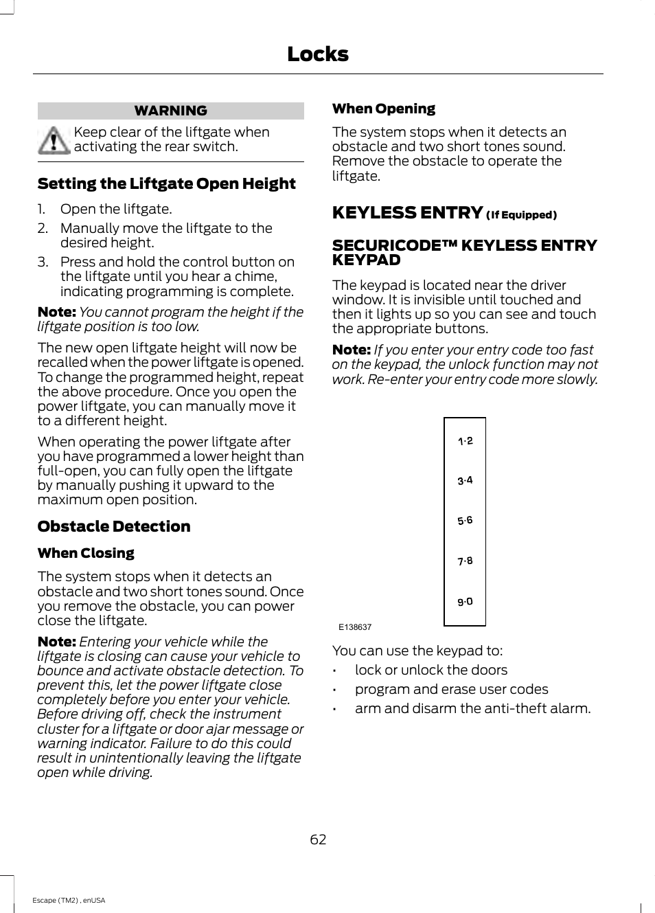 Keyless entry, Locks | FORD 2014 Escape v.4 User Manual | Page 65 / 434