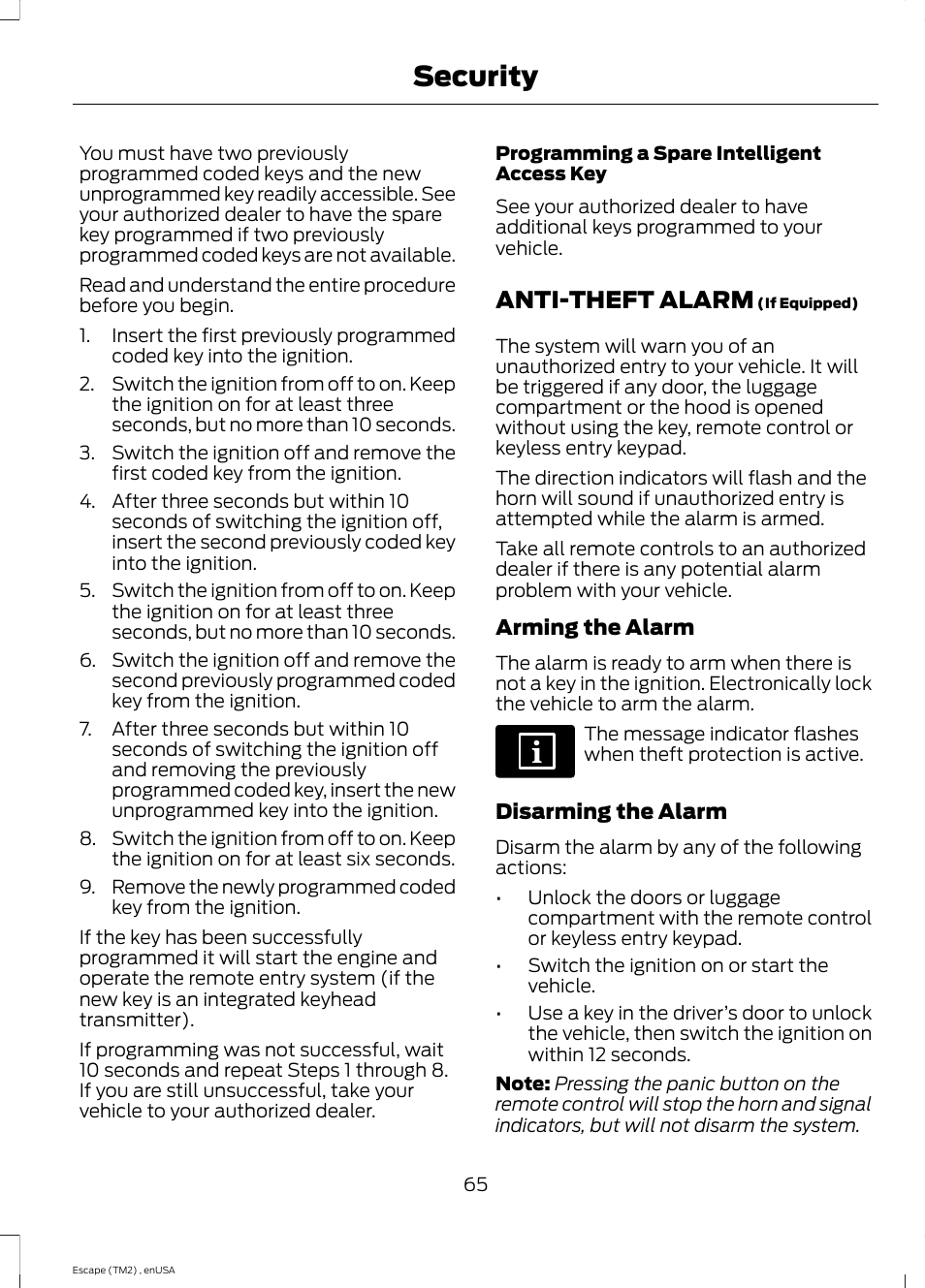 Anti-theft alarm, Security | FORD 2014 Escape v.4 User Manual | Page 68 / 434