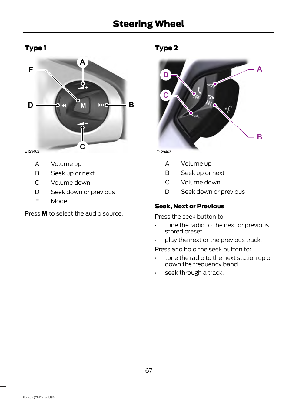 Steering wheel, Bd c a e, Cd a b | FORD 2014 Escape v.4 User Manual | Page 70 / 434