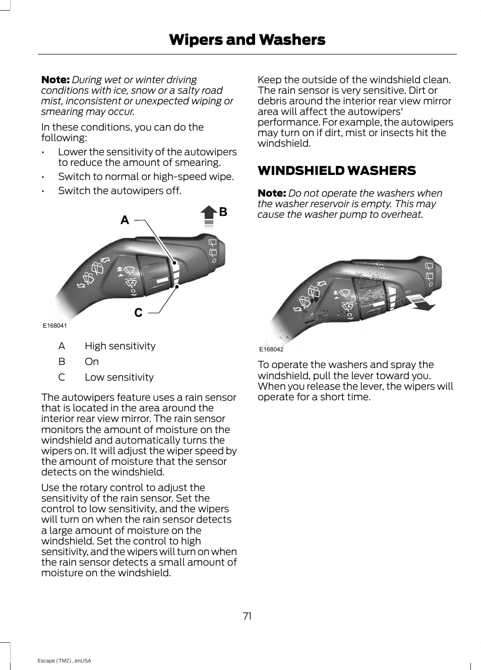 Windshield washers, Wipers and washers | FORD 2014 Escape v.4 User Manual | Page 74 / 434