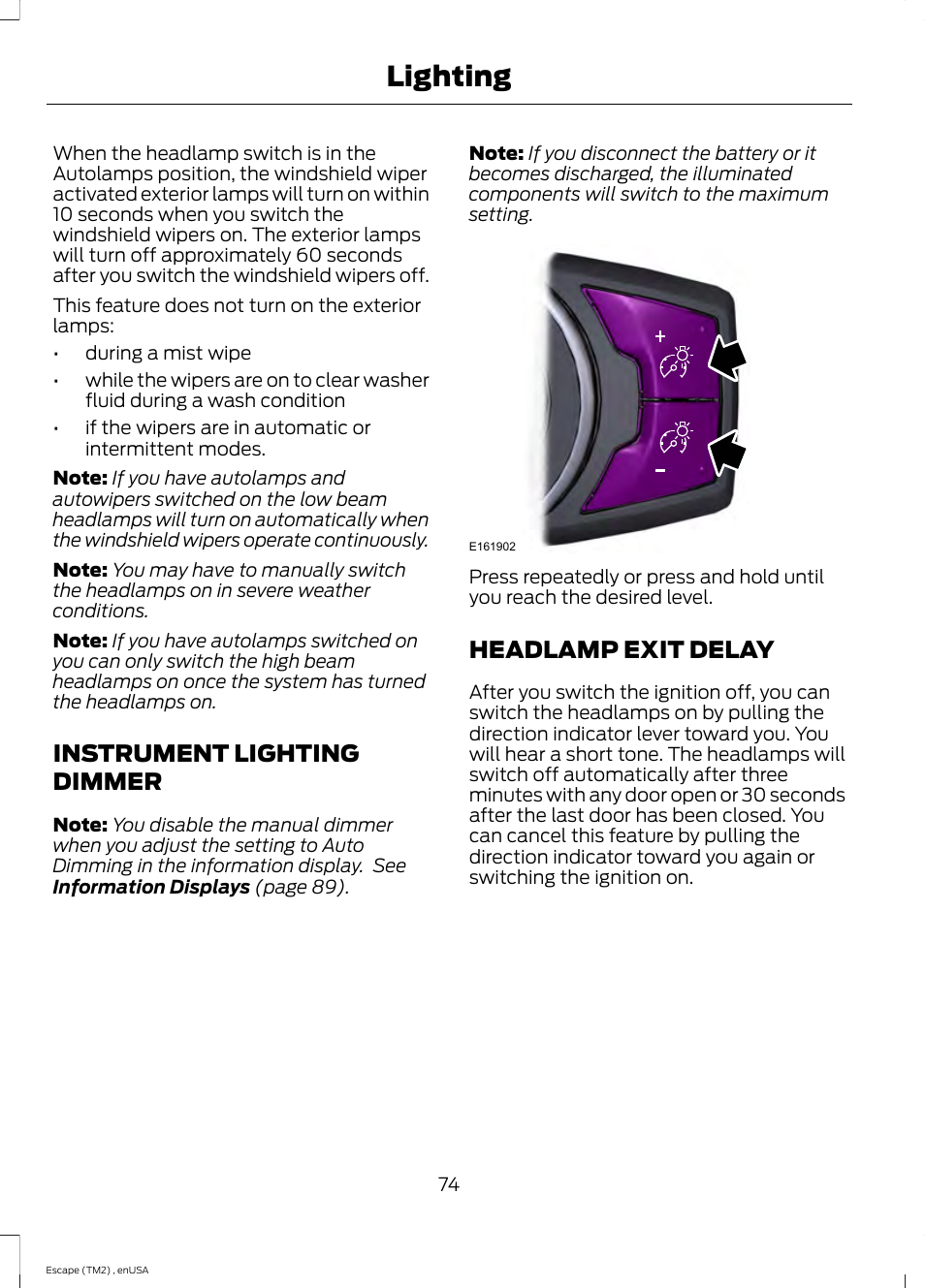 Instrument lighting dimmer, Headlamp exit delay, Instrument lighting dimmer headlamp exit delay | Lighting | FORD 2014 Escape v.4 User Manual | Page 77 / 434