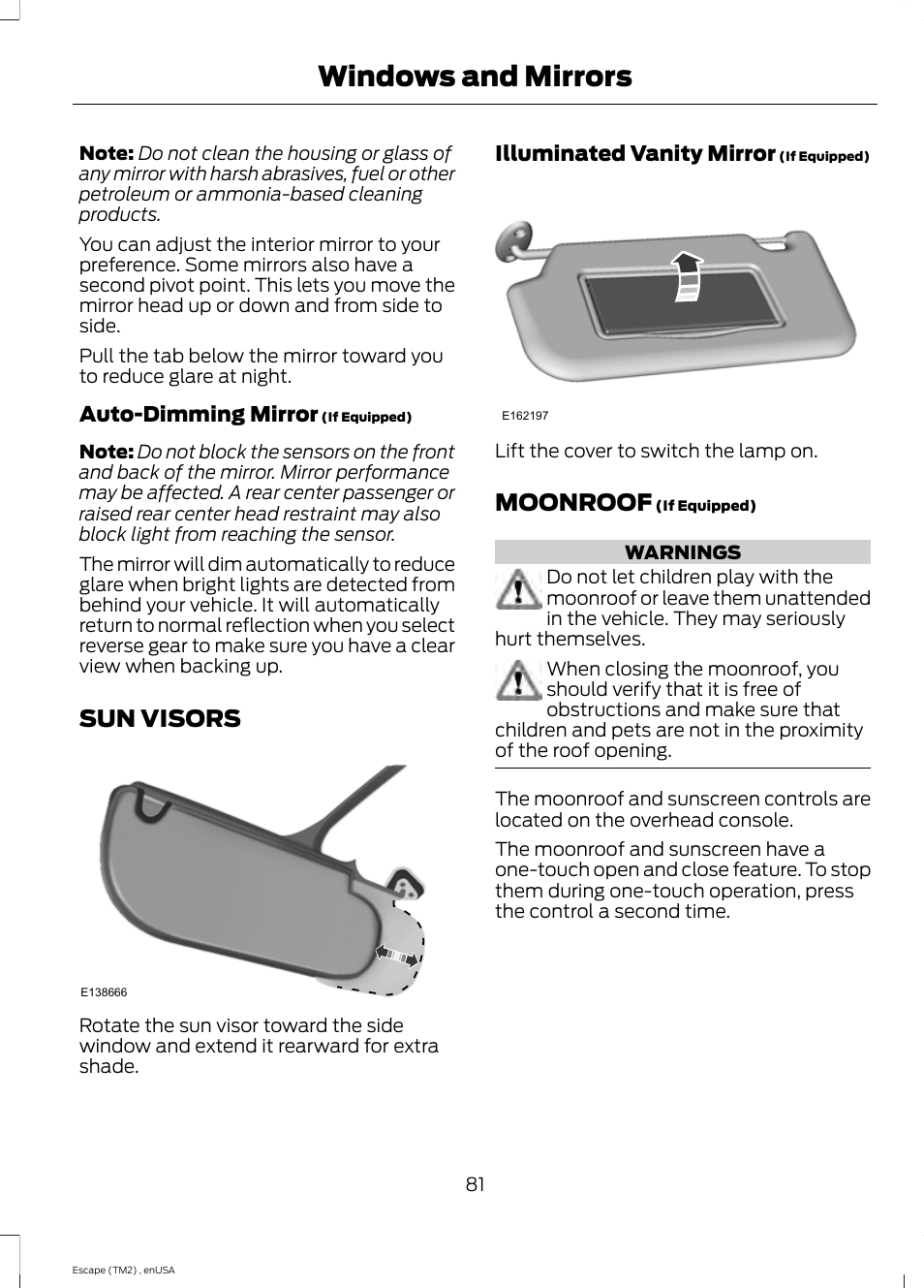 Sun visors, Moonroof, Sun visors moonroof | Windows and mirrors | FORD 2014 Escape v.4 User Manual | Page 84 / 434