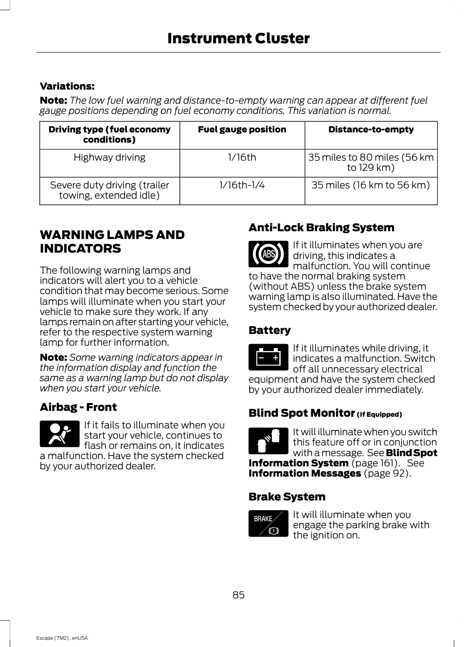 Warning lamps and indicators, Instrument cluster | FORD 2014 Escape v.4 User Manual | Page 88 / 434