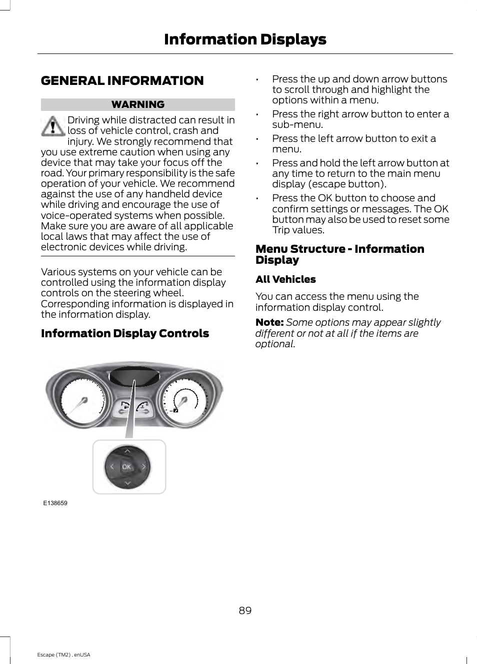 Information displays, General information | FORD 2014 Escape v.4 User Manual | Page 92 / 434