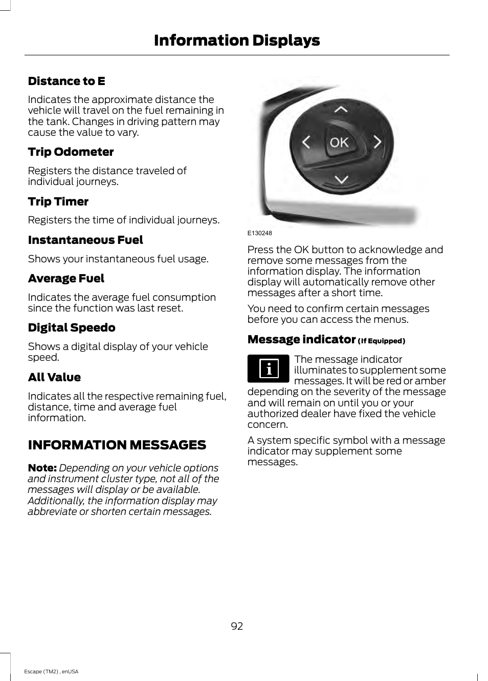 Information messages, Information displays | FORD 2014 Escape v.4 User Manual | Page 95 / 434