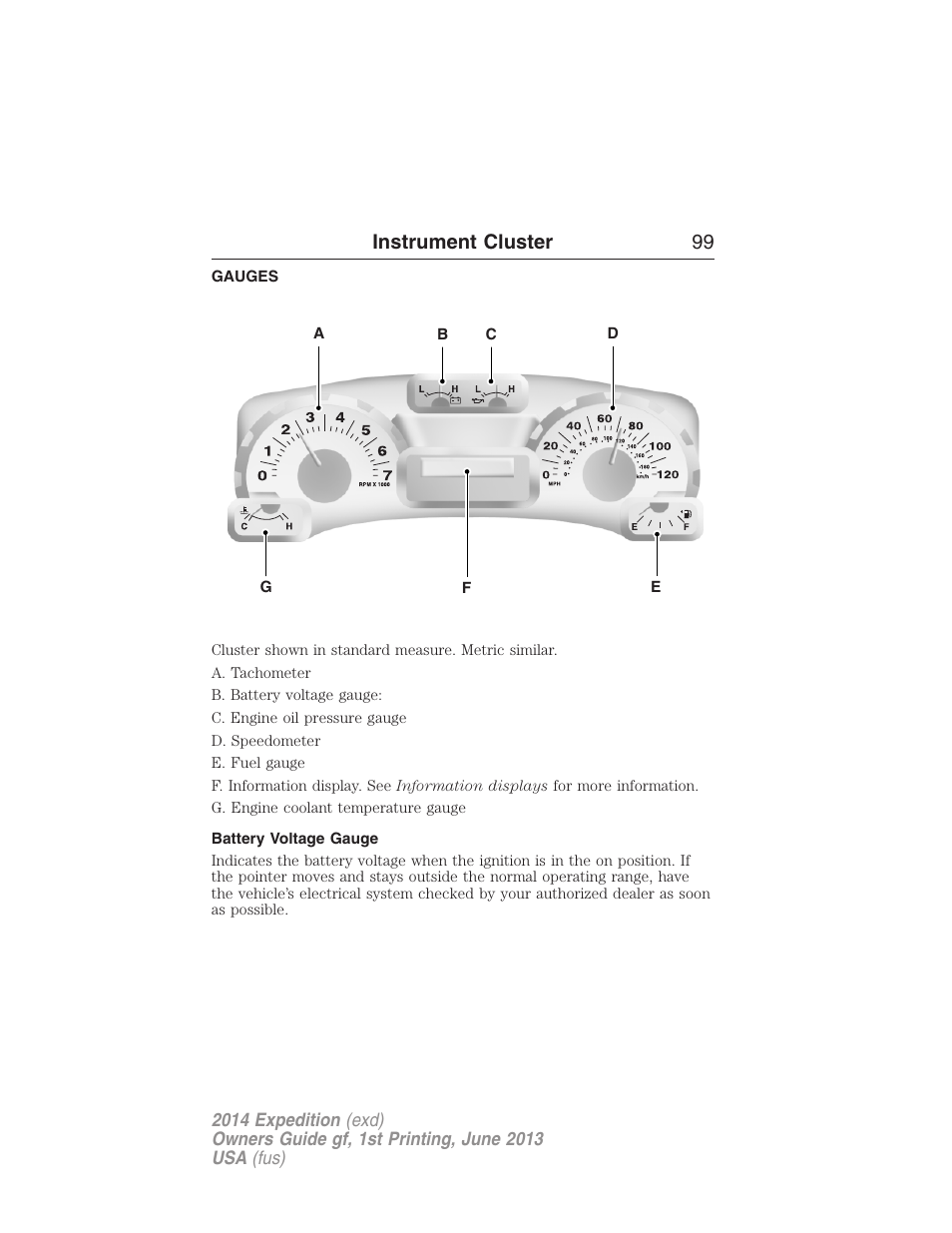 Instrument cluster, Gauges, Battery voltage gauge | Instrument cluster 99 | FORD 2014 Expedition v.1 User Manual | Page 100 / 519