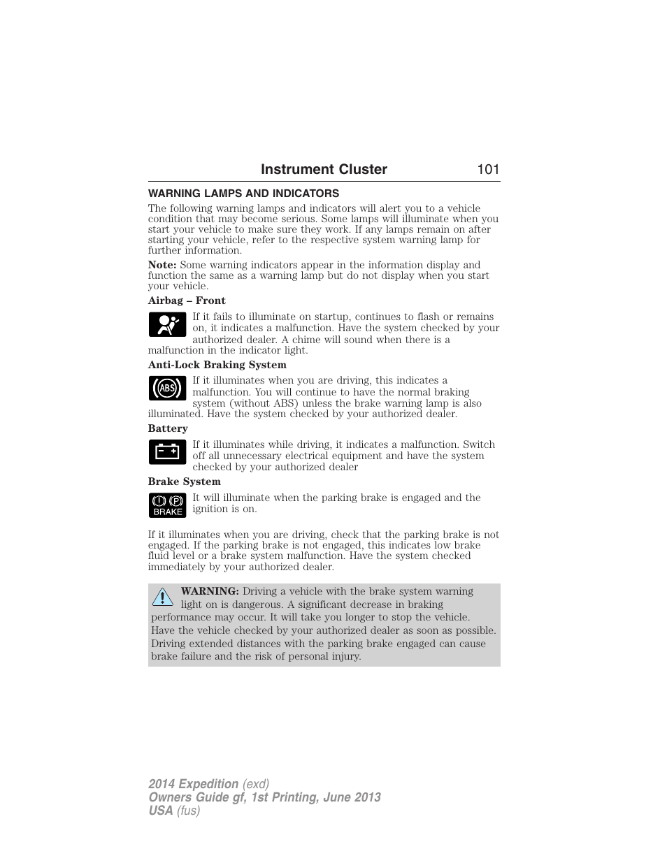 Warning lamps and indicators, Instrument cluster 101 | FORD 2014 Expedition v.1 User Manual | Page 102 / 519