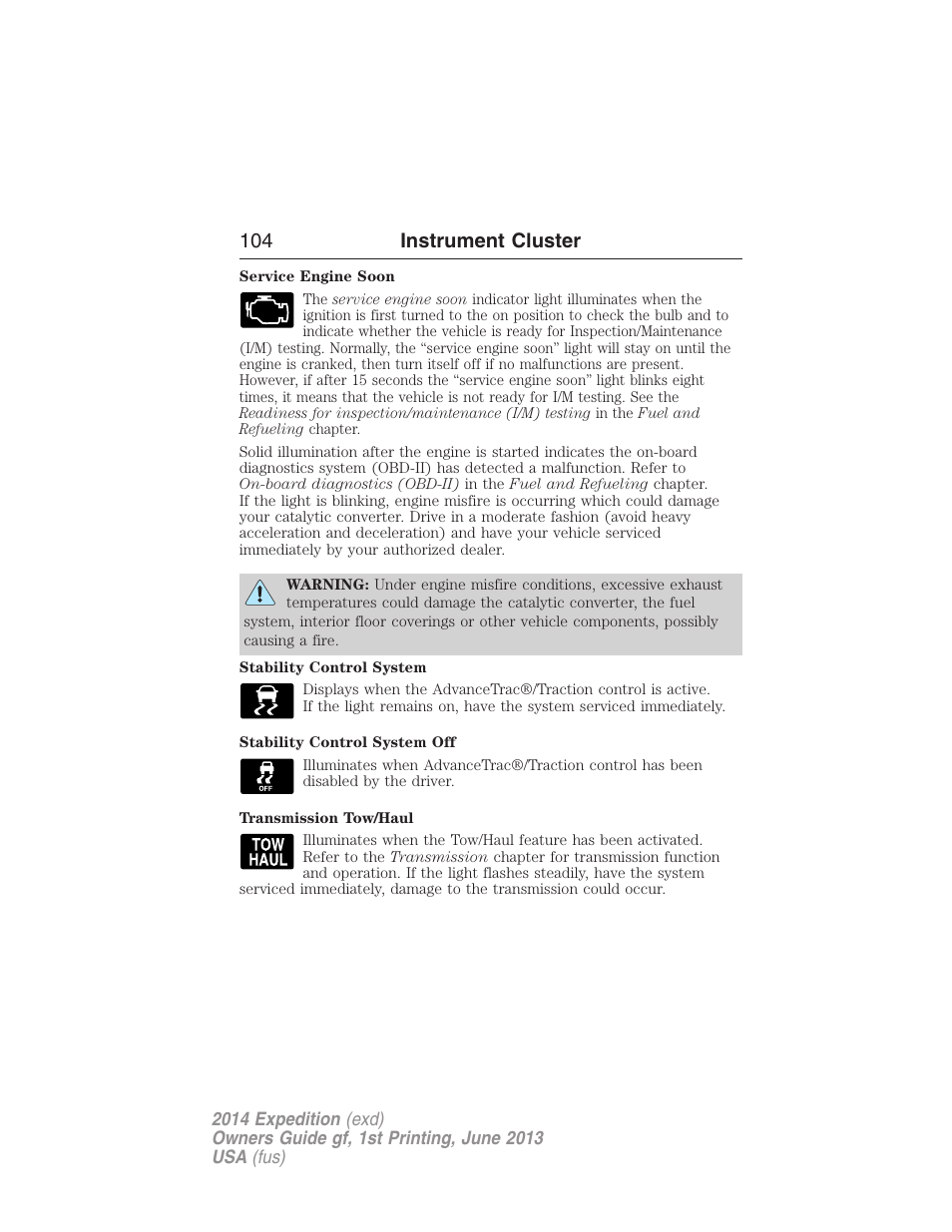 104 instrument cluster | FORD 2014 Expedition v.1 User Manual | Page 105 / 519