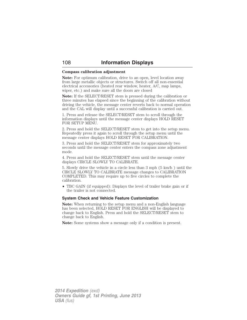System check and vehicle feature customization, 108 information displays | FORD 2014 Expedition v.1 User Manual | Page 109 / 519
