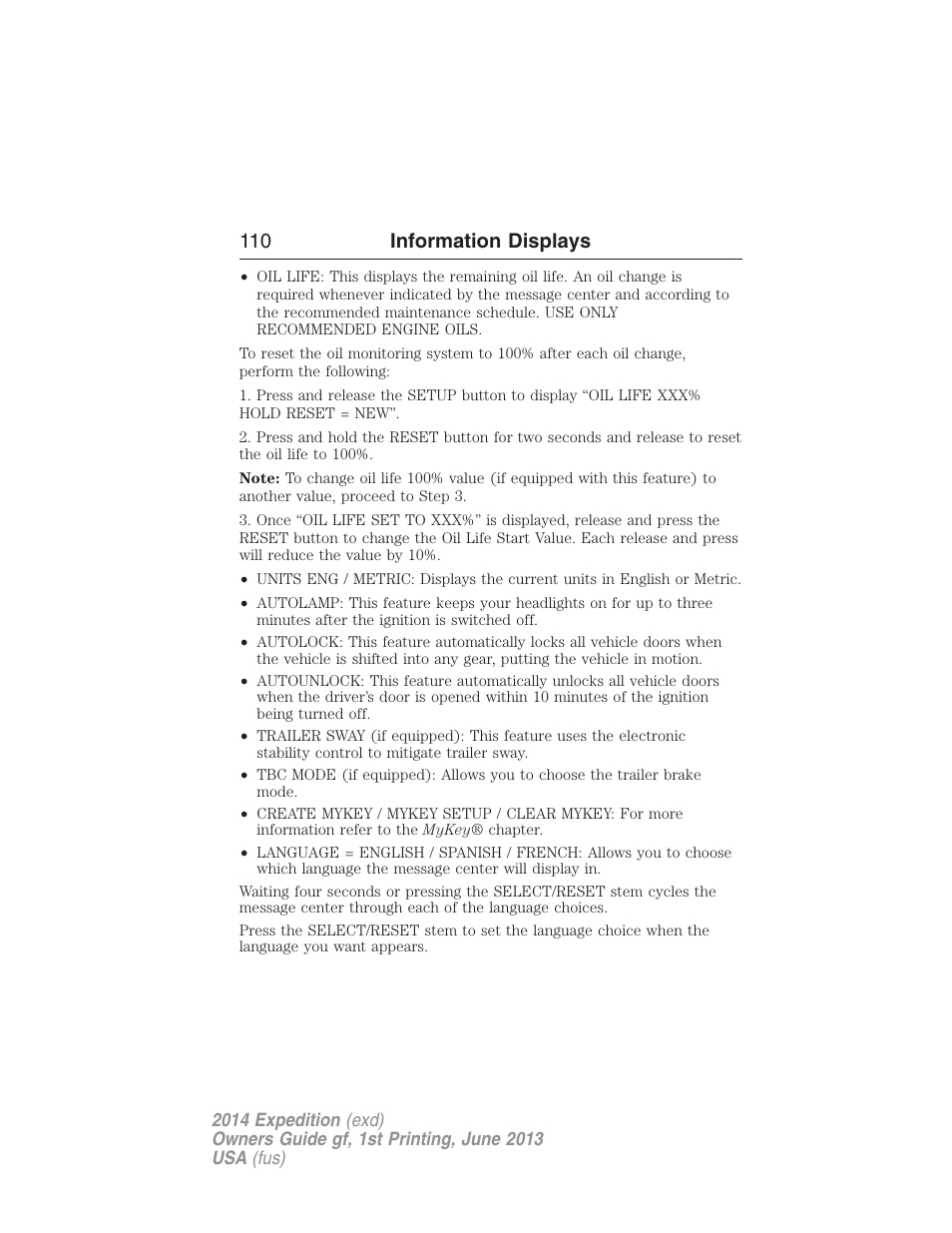 110 information displays | FORD 2014 Expedition v.1 User Manual | Page 111 / 519