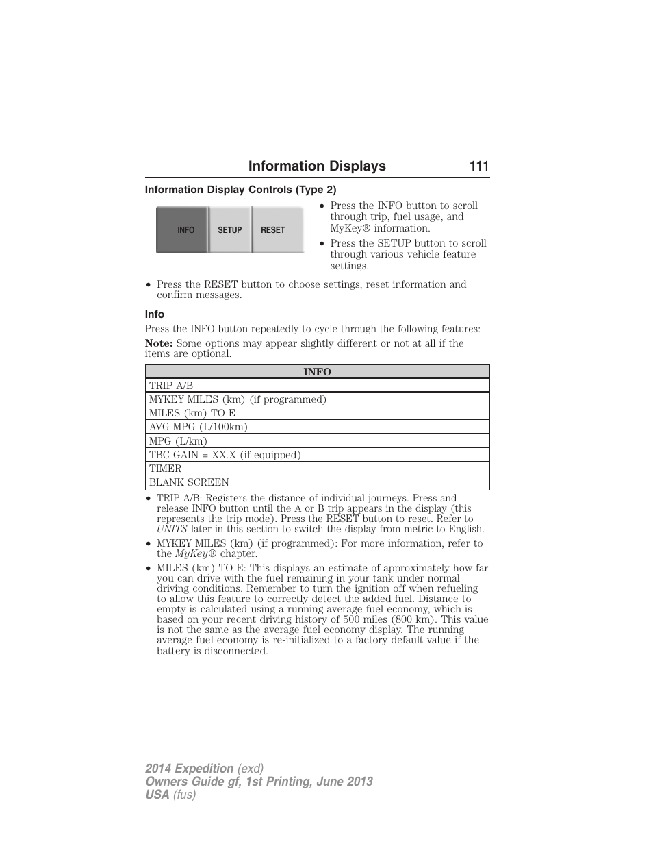 Information display controls (type 2), Info, Information displays 111 | FORD 2014 Expedition v.1 User Manual | Page 112 / 519