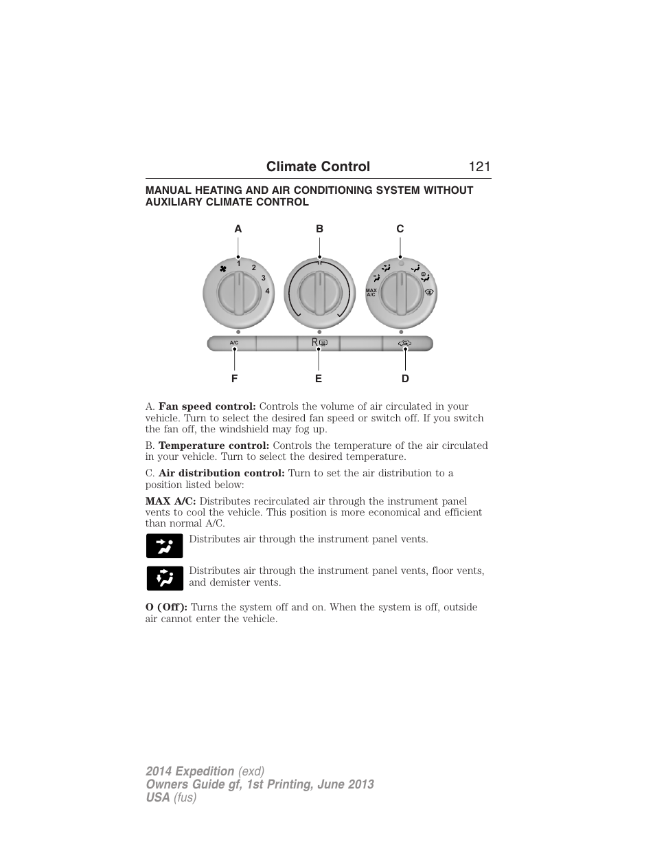 Climate control, Manual heating and air conditioning, Climate control 121 | FORD 2014 Expedition v.1 User Manual | Page 122 / 519