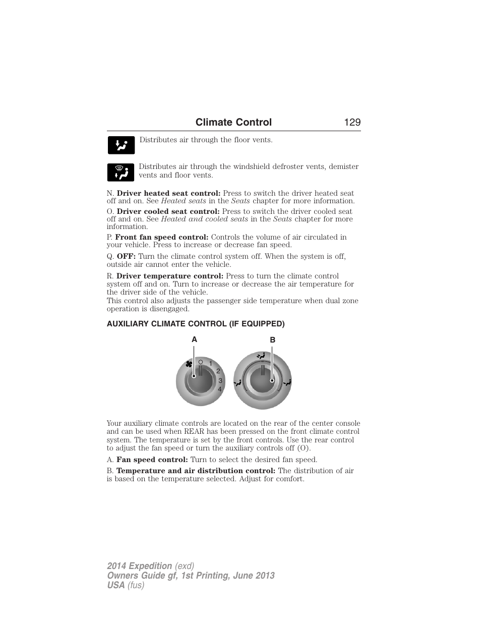 Auxiliary climate control (if equipped), Climate control 129 | FORD 2014 Expedition v.1 User Manual | Page 130 / 519