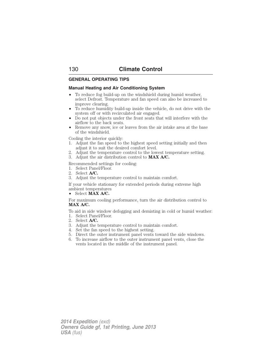 General operating tips, Manual heating and air conditioning system, 130 climate control | FORD 2014 Expedition v.1 User Manual | Page 131 / 519
