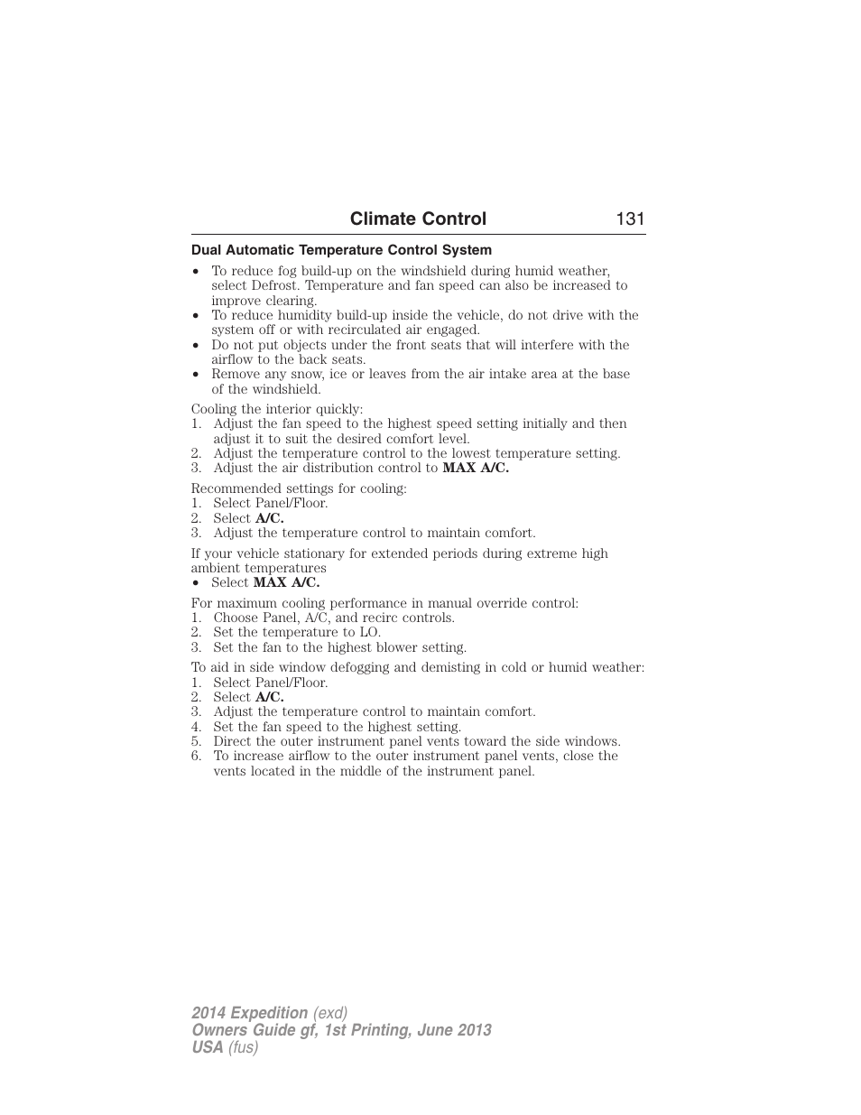 Dual automatic temperature control system, Climate control 131 | FORD 2014 Expedition v.1 User Manual | Page 132 / 519