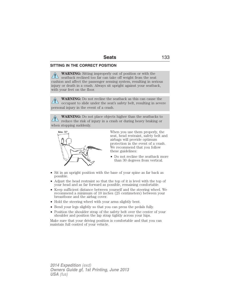 Seats, Sitting in the correct position, Seats 133 | FORD 2014 Expedition v.1 User Manual | Page 134 / 519