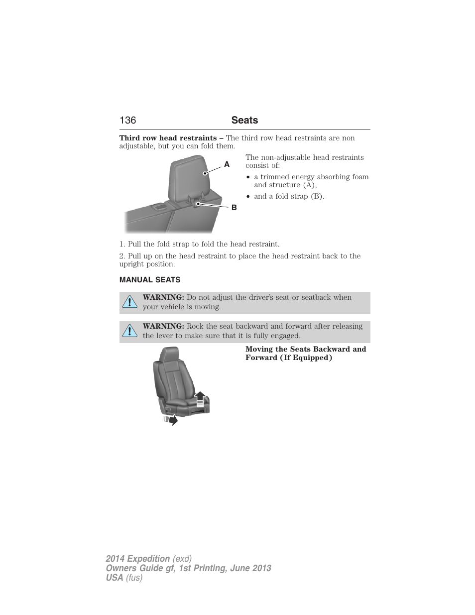 Manual seats, 136 seats | FORD 2014 Expedition v.1 User Manual | Page 137 / 519