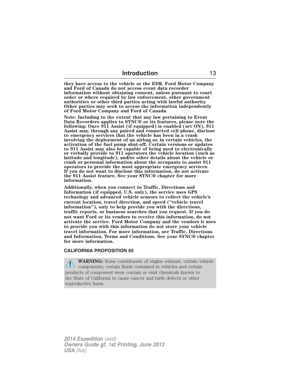 California proposition 65, Introduction 13 | FORD 2014 Expedition v.1 User Manual | Page 14 / 519
