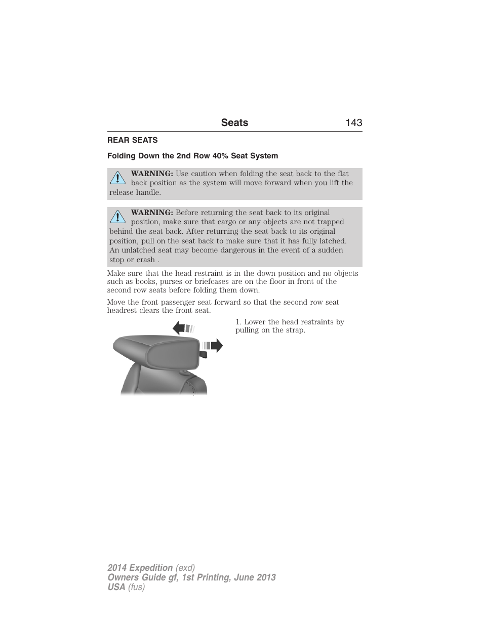 Rear seats, Folding down the 2nd row 40% seat system, Seats 143 | FORD 2014 Expedition v.1 User Manual | Page 144 / 519