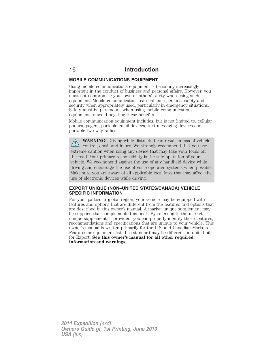 Mobile communications equipment, 16 introduction | FORD 2014 Expedition v.1 User Manual | Page 17 / 519