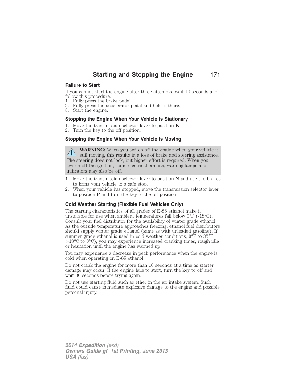 Failure to start, Stopping the engine when your vehicle is moving, Starting and stopping the engine 171 | FORD 2014 Expedition v.1 User Manual | Page 172 / 519