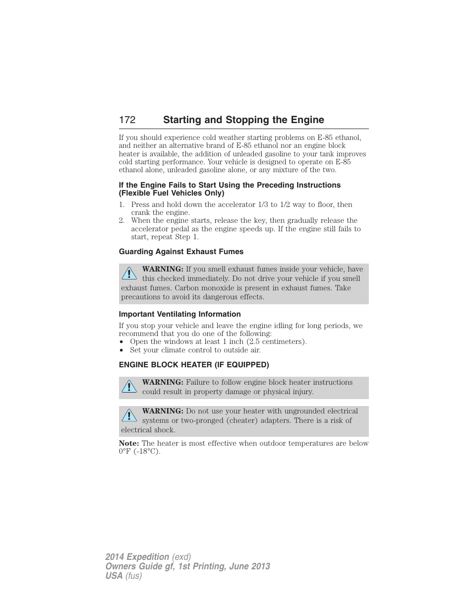 Guarding against exhaust fumes, Important ventilating information, Engine block heater (if equipped) | Engine block heater, 172 starting and stopping the engine | FORD 2014 Expedition v.1 User Manual | Page 173 / 519