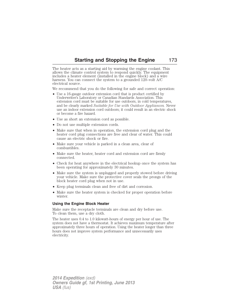 Using the engine block heater, Starting and stopping the engine 173 | FORD 2014 Expedition v.1 User Manual | Page 174 / 519