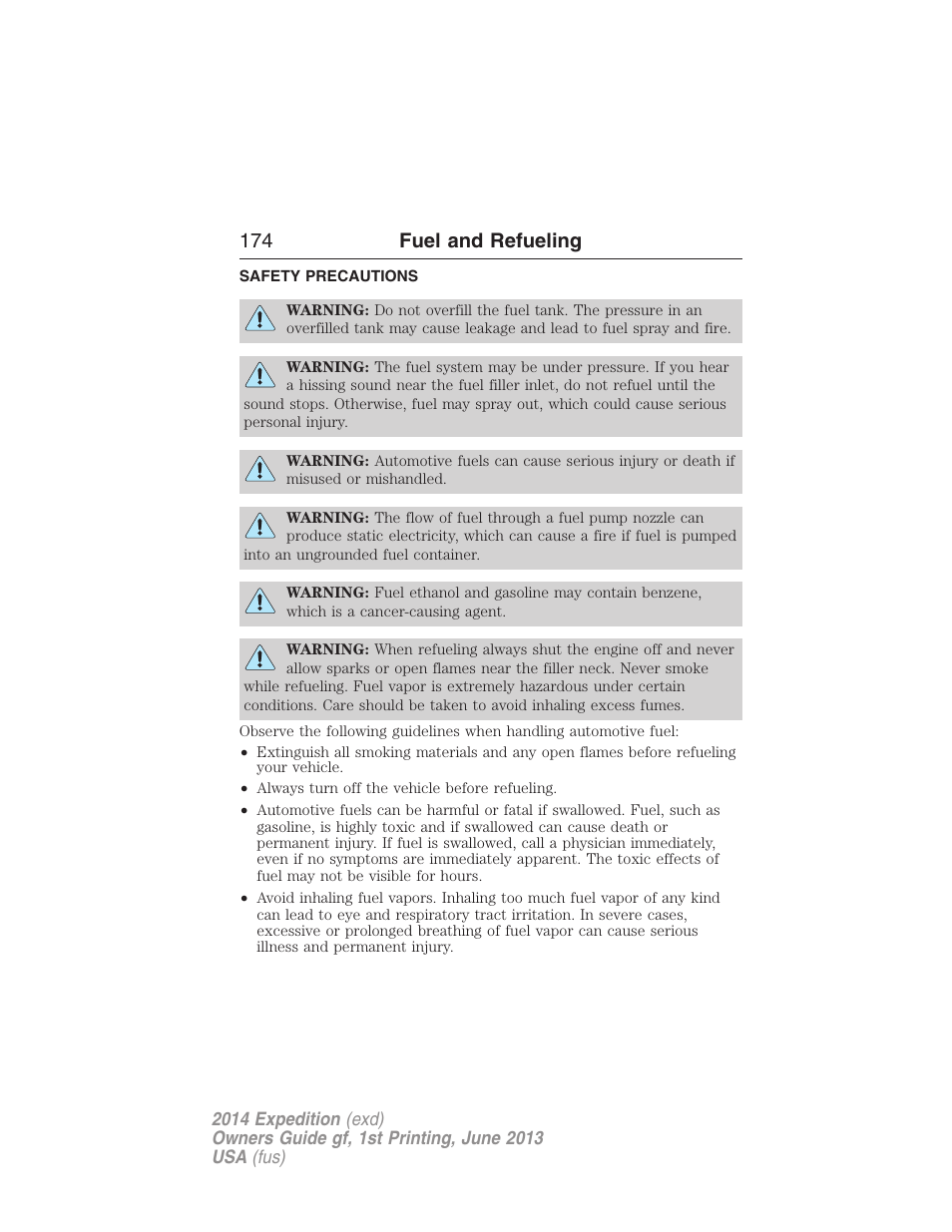 Fuel and refueling, Safety precautions, 174 fuel and refueling | FORD 2014 Expedition v.1 User Manual | Page 175 / 519