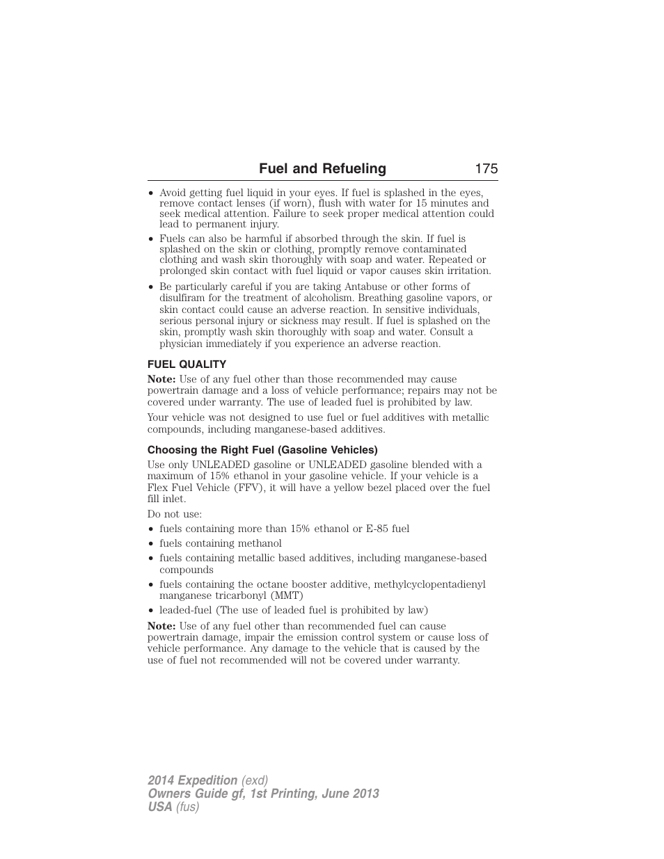 Fuel quality, Choosing the right fuel (gasoline vehicles), Fuel and refueling 175 | FORD 2014 Expedition v.1 User Manual | Page 176 / 519