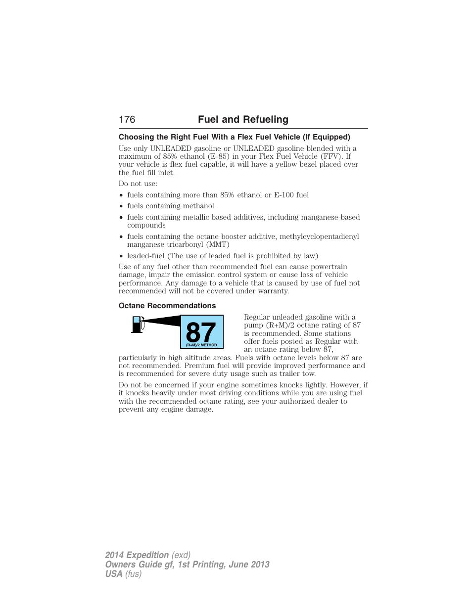 Octane recommendations | FORD 2014 Expedition v.1 User Manual | Page 177 / 519