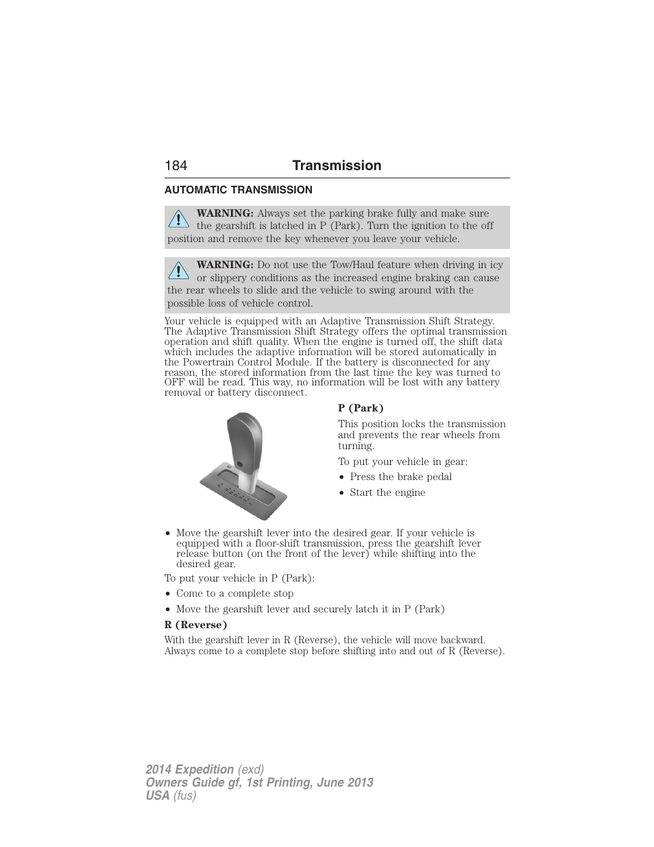 Transmission, Automatic transmission, 184 transmission | FORD 2014 Expedition v.1 User Manual | Page 185 / 519