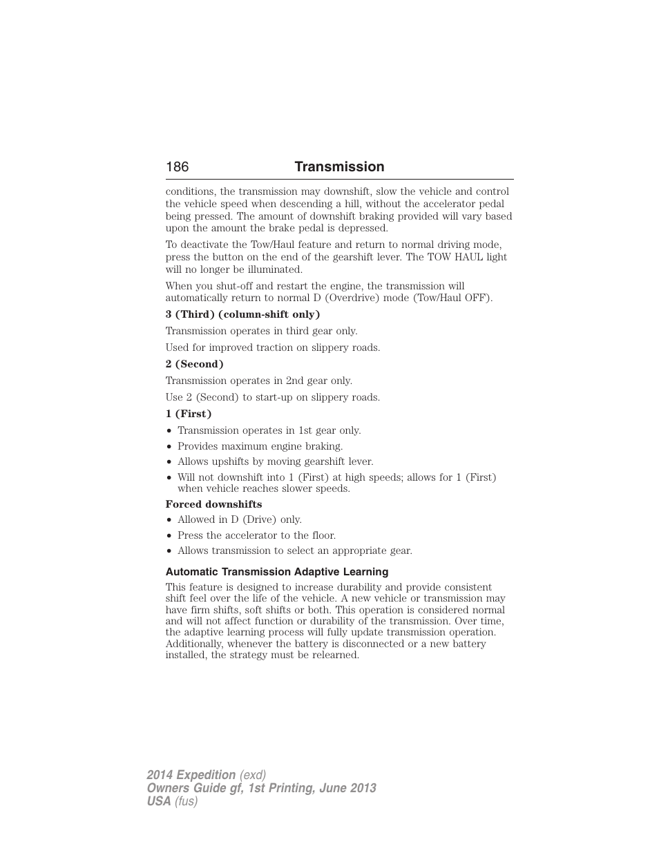 Automatic transmission adaptive learning, 186 transmission | FORD 2014 Expedition v.1 User Manual | Page 187 / 519