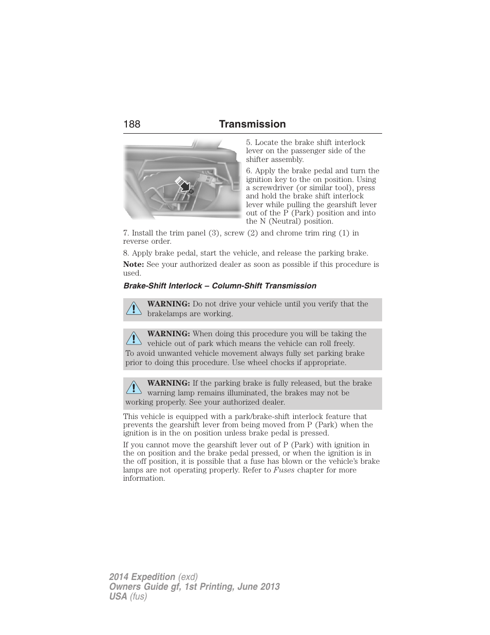Brake-shift interlock – column-shift transmission, 188 transmission | FORD 2014 Expedition v.1 User Manual | Page 189 / 519