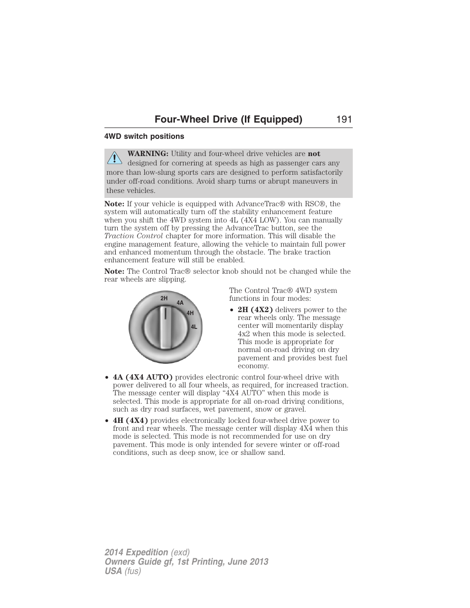 4wd switch positions, Four-wheel drive (if equipped) 191 | FORD 2014 Expedition v.1 User Manual | Page 192 / 519