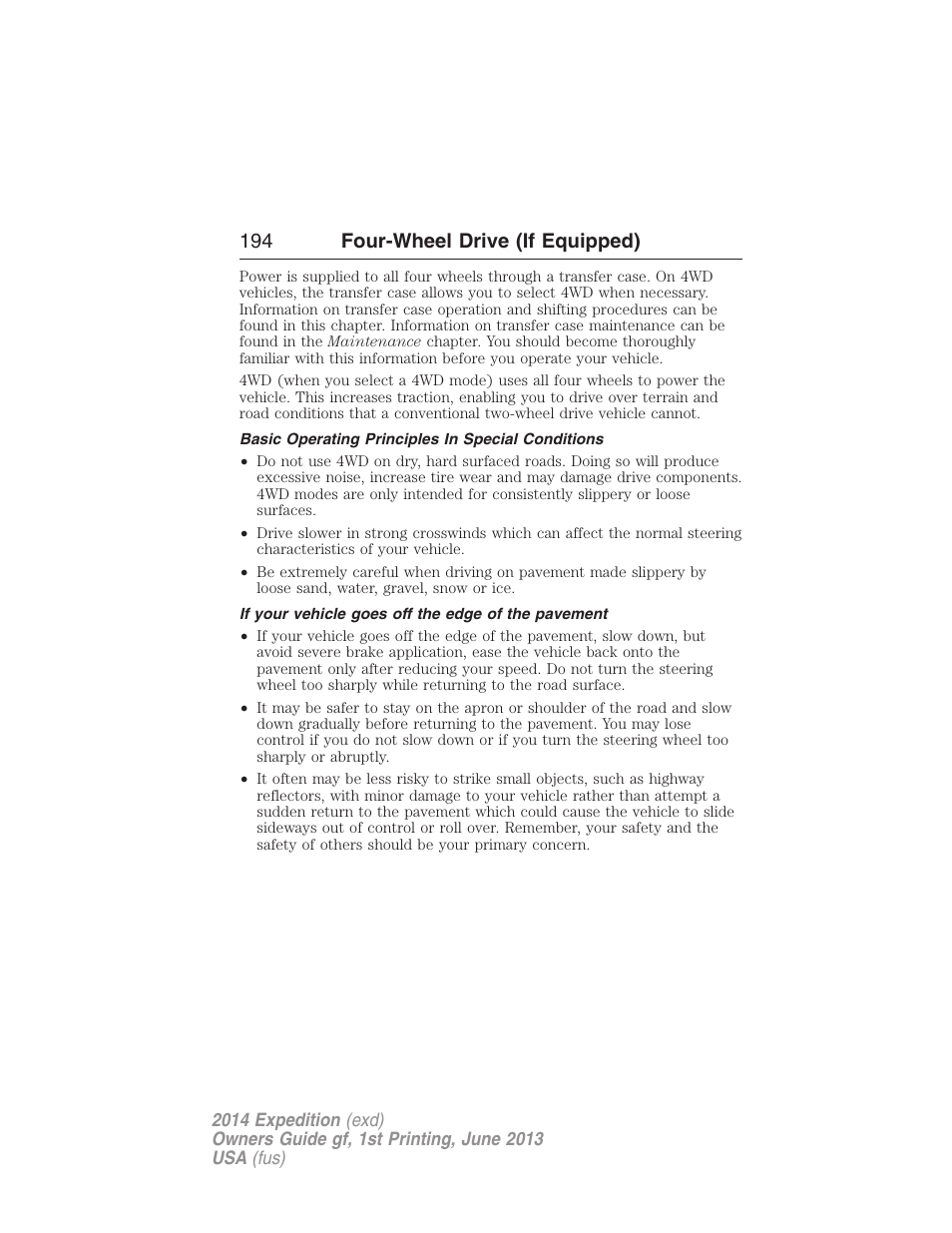 Basic operating principles in special conditions, If your vehicle goes off the edge of the pavement, 194 four-wheel drive (if equipped) | FORD 2014 Expedition v.1 User Manual | Page 195 / 519