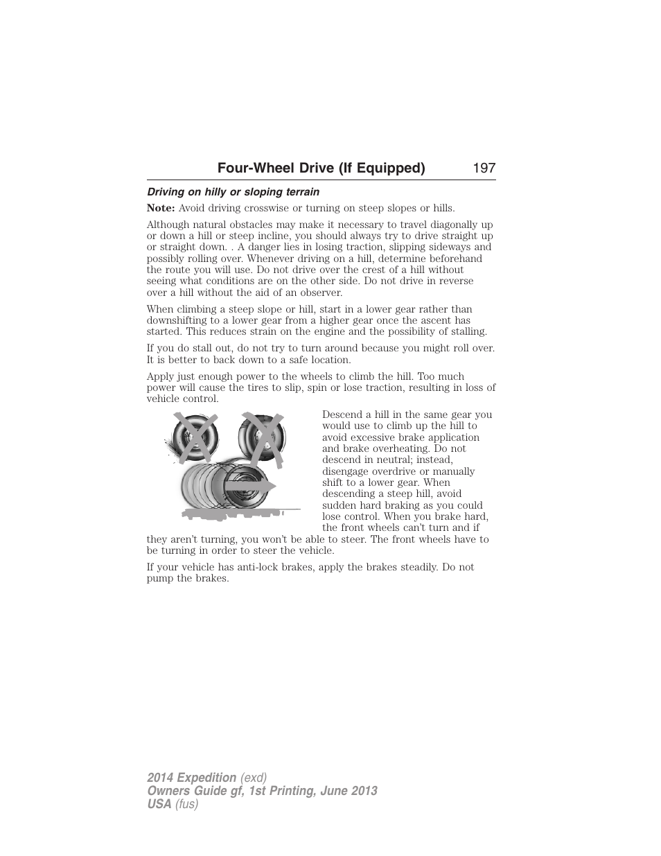 Driving on hilly or sloping terrain, Four-wheel drive (if equipped) 197 | FORD 2014 Expedition v.1 User Manual | Page 198 / 519