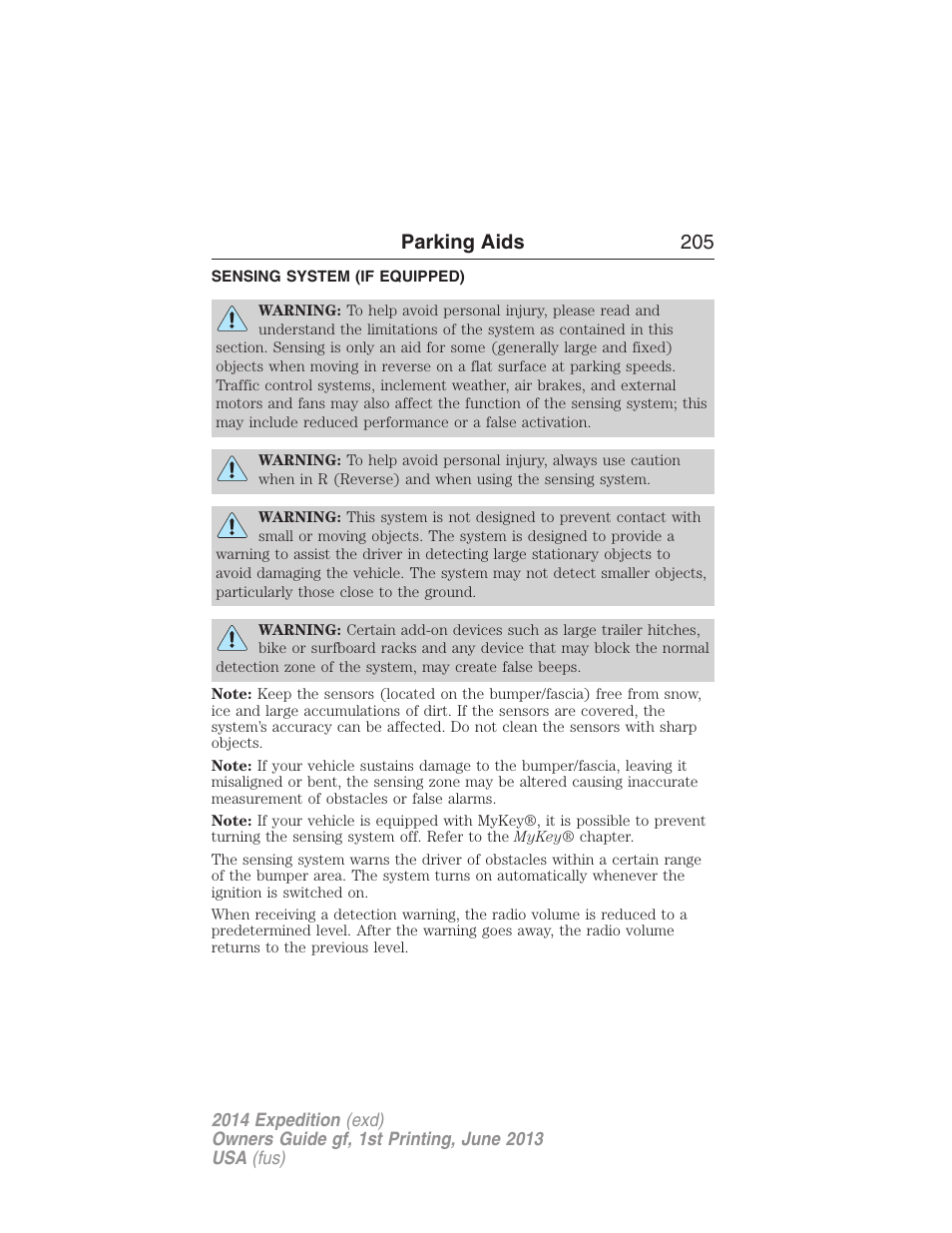 Parking aids, Sensing system (if equipped), Sensing system | Parking aids 205 | FORD 2014 Expedition v.1 User Manual | Page 206 / 519