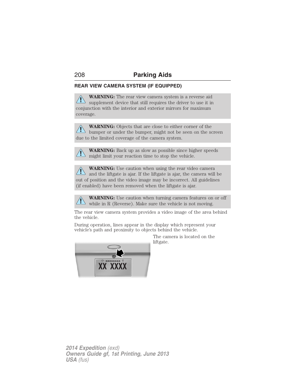Rear view camera system (if equipped), Rear-view camera system, 208 parking aids | FORD 2014 Expedition v.1 User Manual | Page 209 / 519