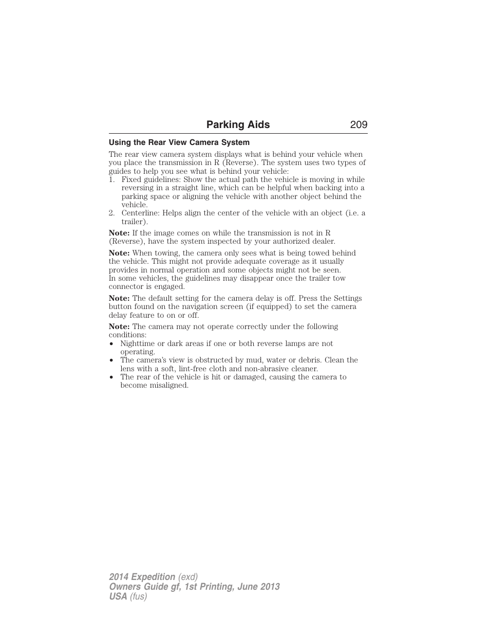 Using the rear view camera system, Parking aids 209 | FORD 2014 Expedition v.1 User Manual | Page 210 / 519