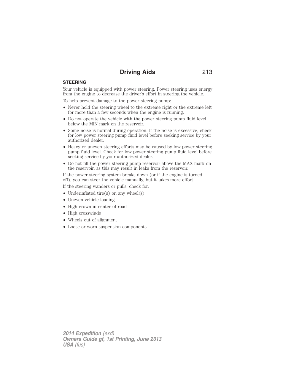 Driving aids, Steering, Driving aids 213 | FORD 2014 Expedition v.1 User Manual | Page 214 / 519