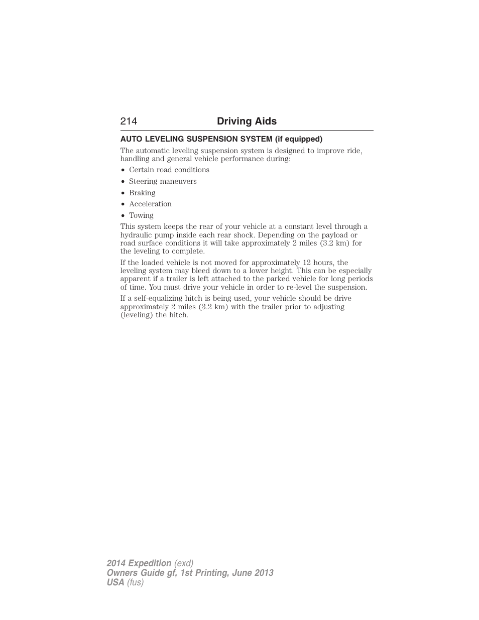 Auto leveling suspension system (if equipped), Auto leveling suspension | FORD 2014 Expedition v.1 User Manual | Page 215 / 519