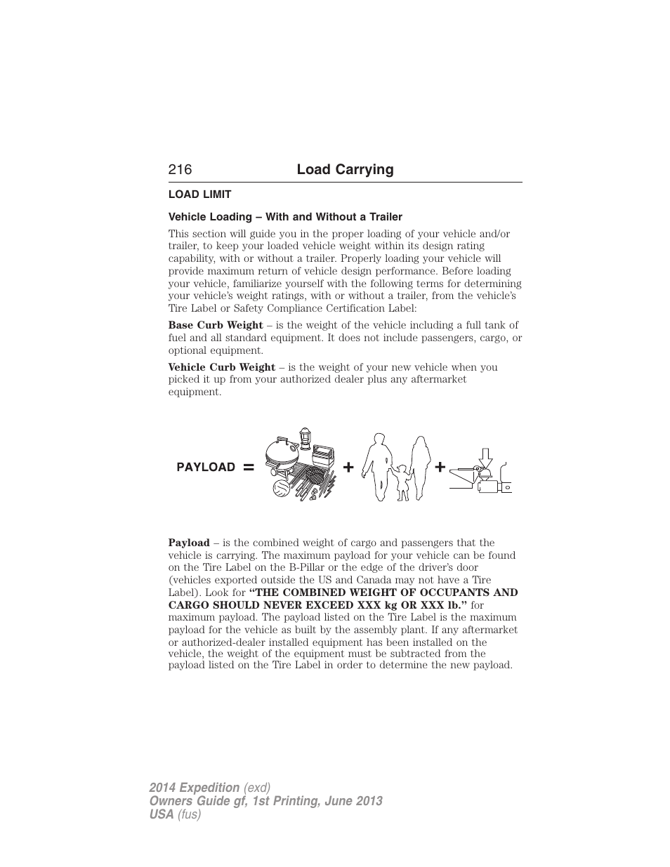 Load limit, Vehicle loading – with and without a trailer, Vehicle loading | 216 load carrying | FORD 2014 Expedition v.1 User Manual | Page 217 / 519