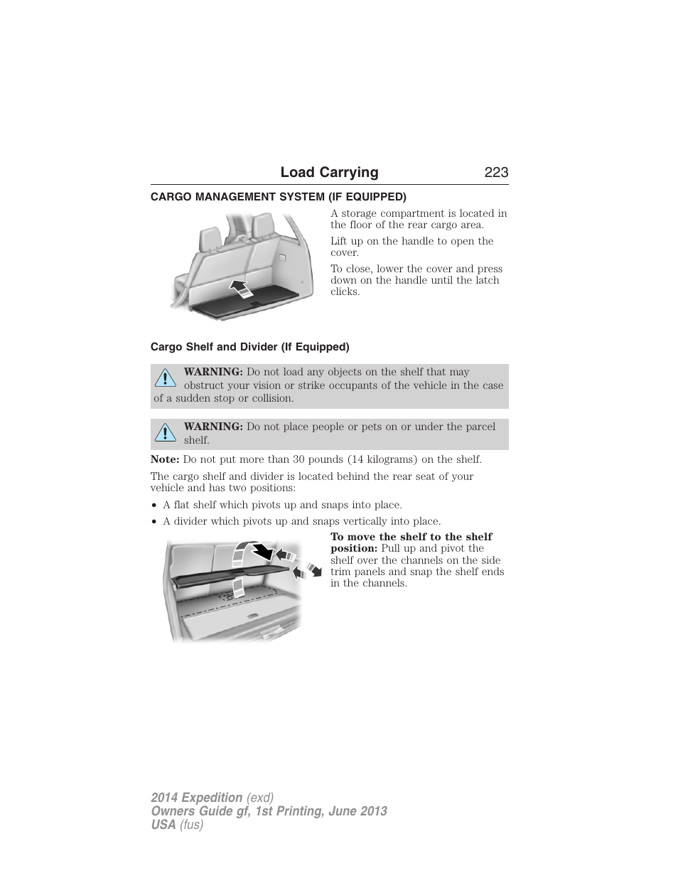 Cargo management system (if equipped), Cargo shelf and divider (if equipped), Cargo management system | Load carrying 223 | FORD 2014 Expedition v.1 User Manual | Page 224 / 519
