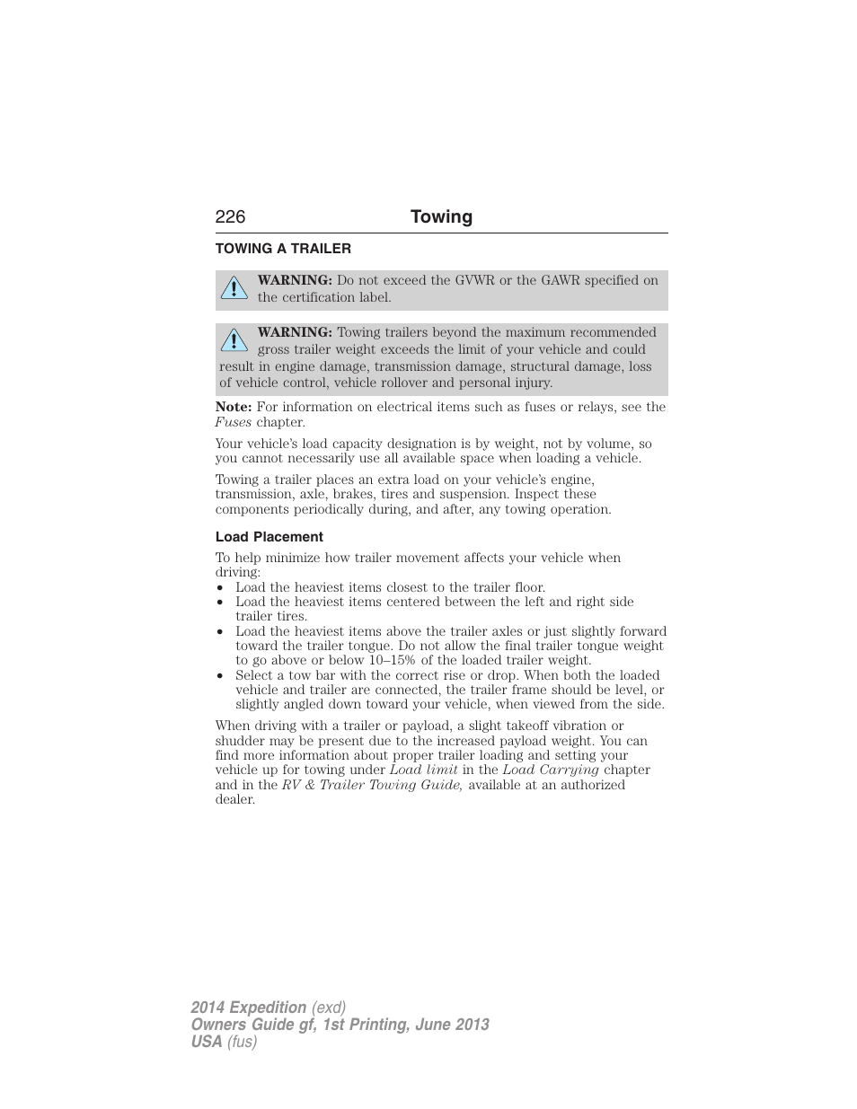 Towing, Towing a trailer, Load placement | Trailer towing, 226 towing | FORD 2014 Expedition v.1 User Manual | Page 227 / 519